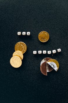 Black background highlighting gold coins and chocolate representing a tax season concept.